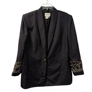 California Style Black Silk Blazer Jacket/Gold Embroidery/Sun Button Size 14